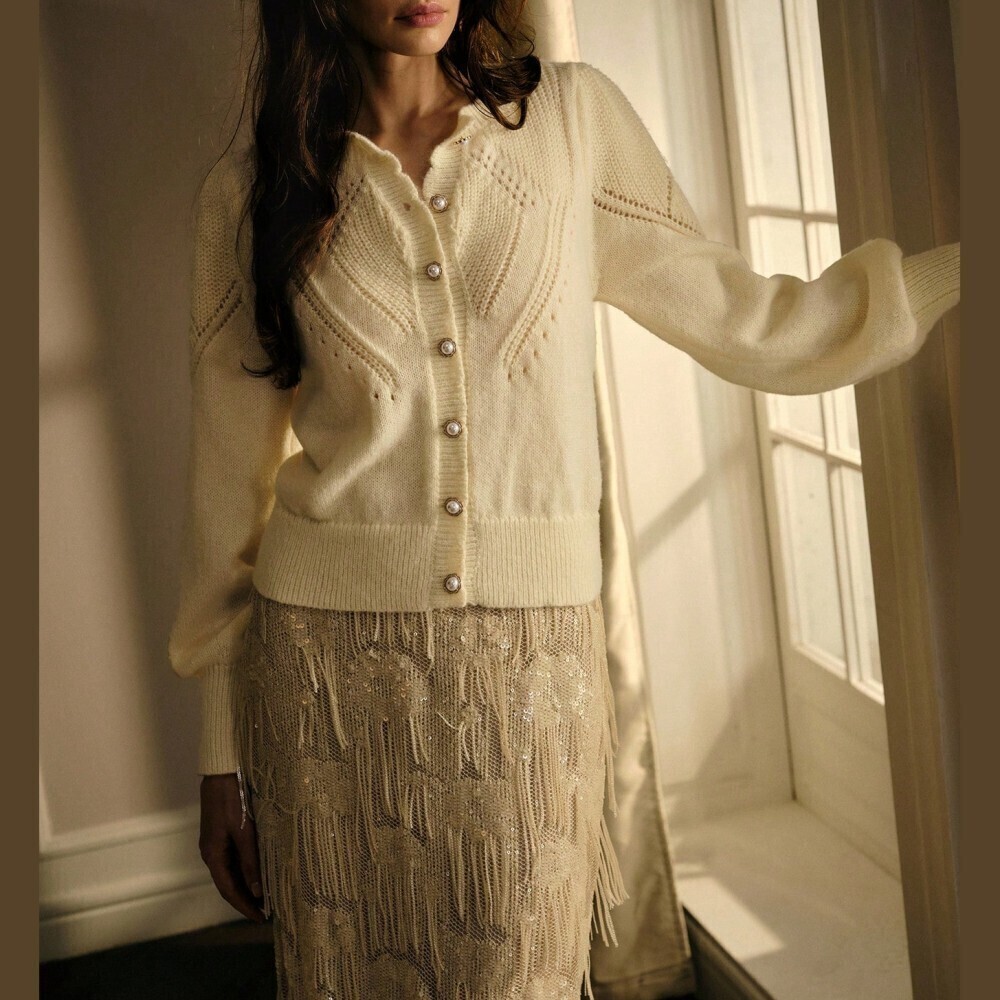 Cream Pointelle Knit Pearl Button Round Neck Cardigan